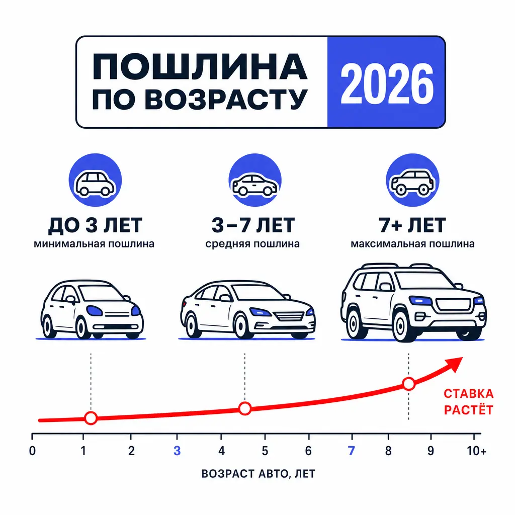Как возраст авто влияет на таможенную пошлину для физлиц в 2026: единые ставки €/см³ для 3–5 лет и старше 5 лет, таблицы, пример расчёта. Почему 3–5 лет выгоднее всего.-0